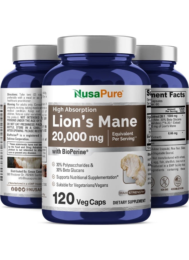NusaPure - NusaPure Lions Mane 20:1 Extract (20,000 mg Equivalent) - Made with Organic Lion`s Mane, Bioperine - 30% Polysaccharides - 120 Veggie Caps. Non-GMO, Gluten Free - Image 1