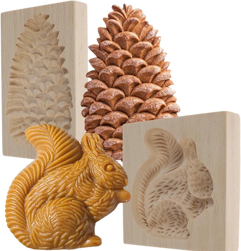 SIYANSHU Wooden Cookie Molds for Baking Kitchen DIY Shapes Biscuit Cutter Set 3D Carved Gingerbread Cookie Stamps Biscuit Press Stamp Molds for Party Baking Tool Squirrel Pine ConePack of2 - Image 1
