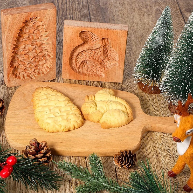 SIYANSHU Wooden Cookie Molds for Baking Kitchen DIY Shapes Biscuit Cutter Set 3D Carved Gingerbread Cookie Stamps Biscuit Press Stamp Molds for Party Baking Tool Squirrel Pine ConePack of2 - Image 5