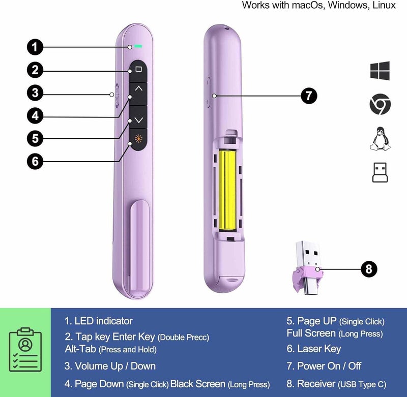 rts 2-in-1 USB Type C Laser Pointer Wireless Presenter for Presentation Clicker Slide Changer, USB Power Point Remote Control Pen for PowerPoint Presentations RF 2.4GHz, Mac, Computer, Laptop Purple - Image 4