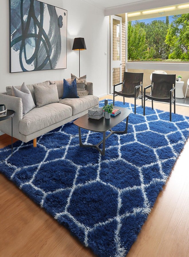 ONASAR Geometric Rug 4x6 Inch for Bedroom Living Room Moroccan Navy and White Rugs Floor Mat for Home Decor Aesthetic Soft Shaggy Fluffy - Image 5