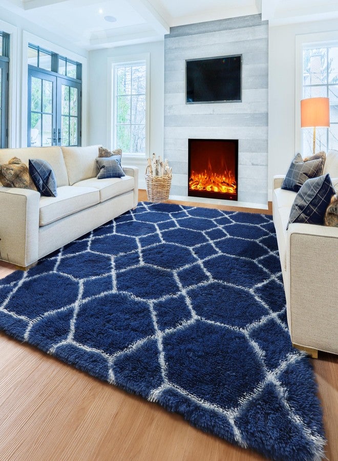ONASAR Geometric Rug 4x6 Inch for Bedroom Living Room Moroccan Navy and White Rugs Floor Mat for Home Decor Aesthetic Soft Shaggy Fluffy - Image 3