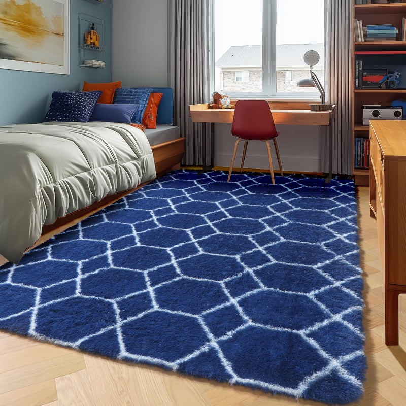 ONASAR Geometric Rug 4x6 Inch for Bedroom Living Room Moroccan Navy and White Rugs Floor Mat for Home Decor Aesthetic Soft Shaggy Fluffy - Image 1