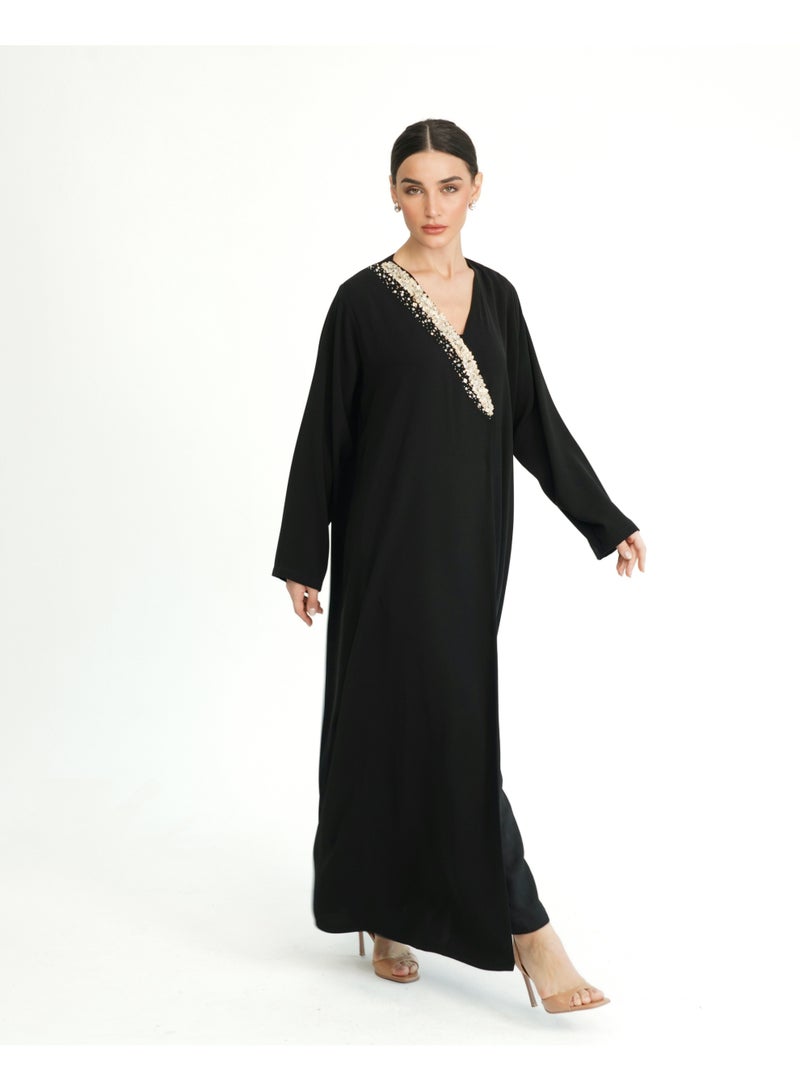 Khan&Co. One Side Champagne Abaya in black crepe fabric embroidered with sequins in champagne colour - Designed by Abdullah Khan - Image 5