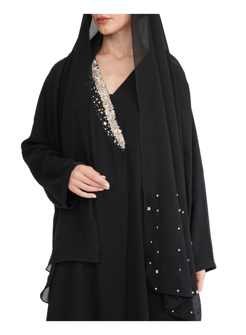 Khan&Co. One Side Champagne Abaya in black crepe fabric embroidered with sequins in champagne colour - Designed by Abdullah Khan - Image 4