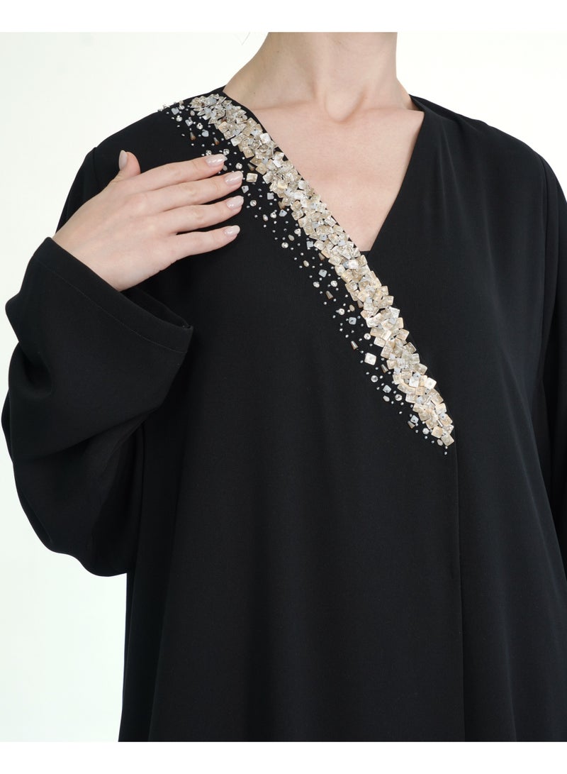 Khan&Co. One Side Champagne Abaya in black crepe fabric embroidered with sequins in champagne colour - Designed by Abdullah Khan - Image 2