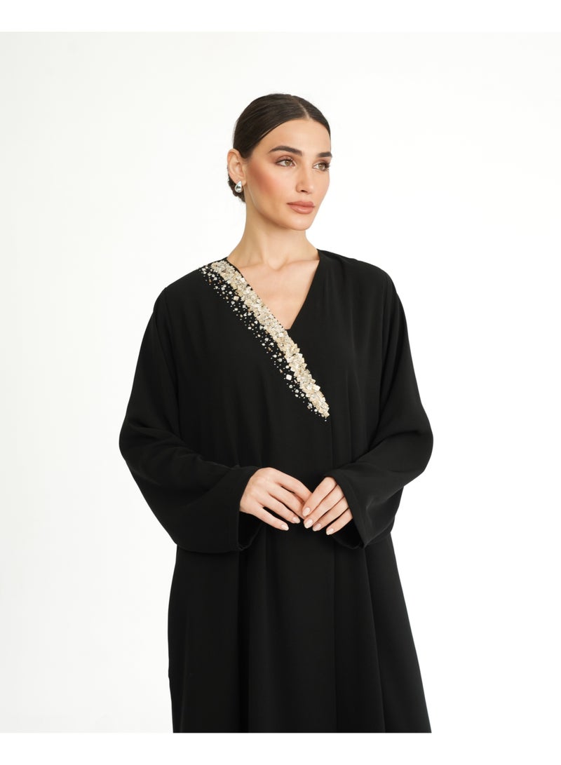 Khan&Co. One Side Champagne Abaya in black crepe fabric embroidered with sequins in champagne colour - Designed by Abdullah Khan - Image 3