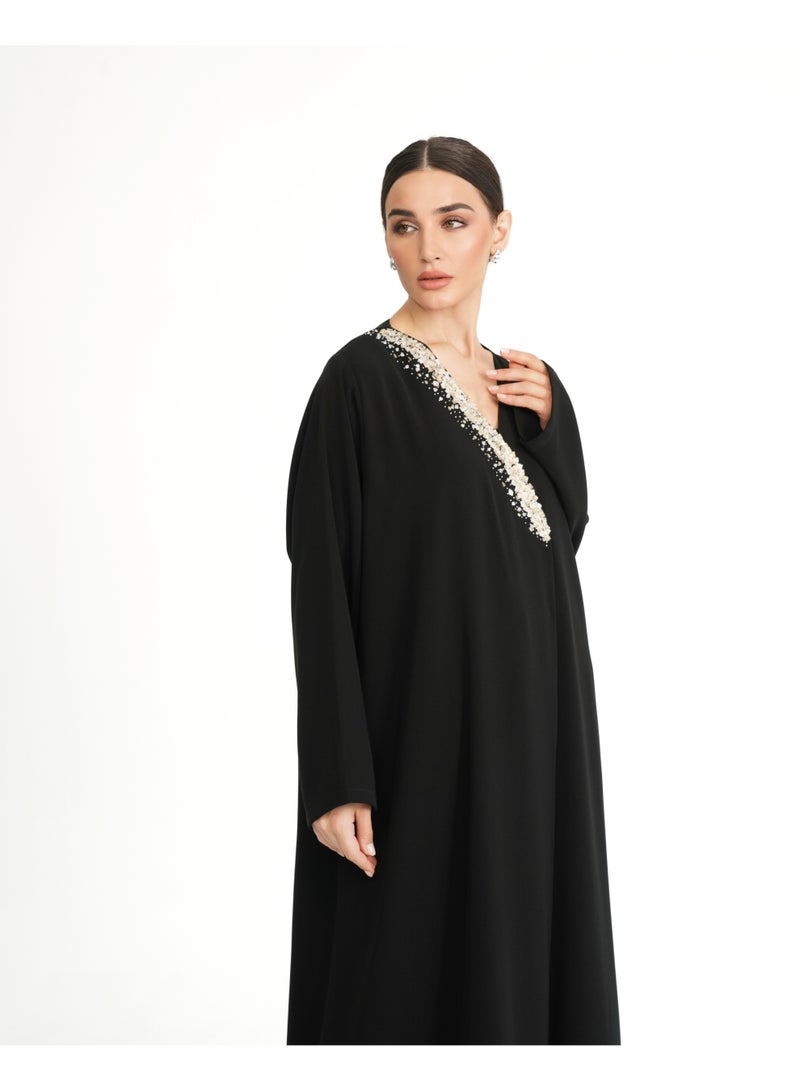 Khan&Co. One Side Champagne Abaya in black crepe fabric embroidered with sequins in champagne colour - Designed by Abdullah Khan - Image 1