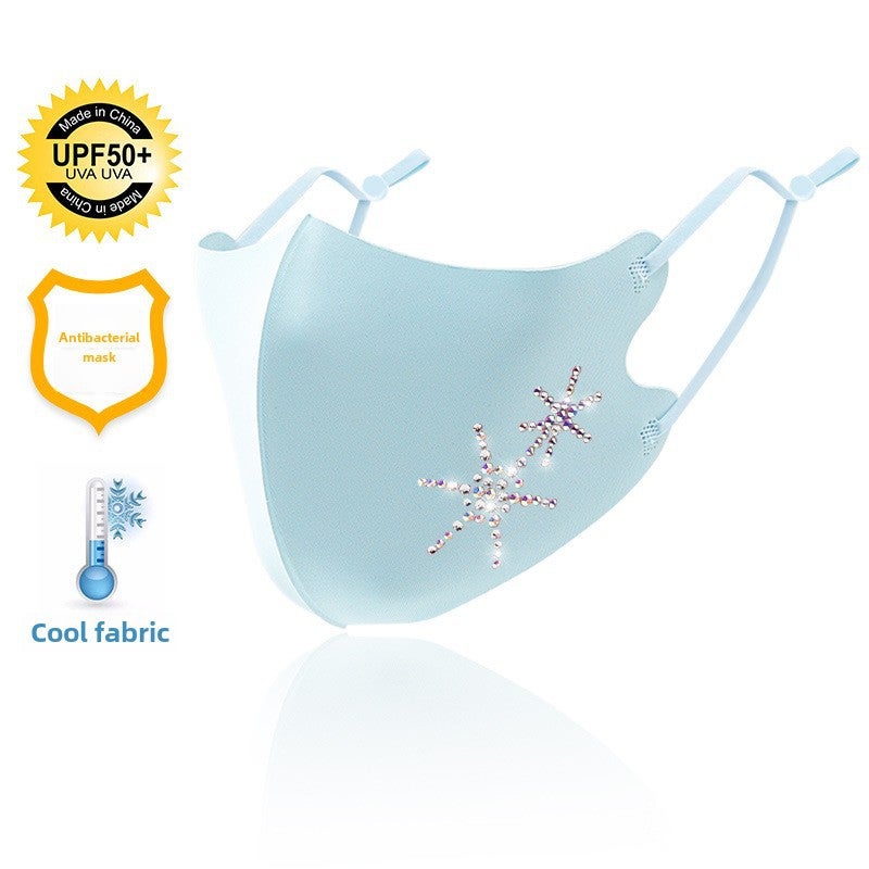Adjustable Rhinestone Ice Silk Mask Breathable Cool Sky blue starfish 