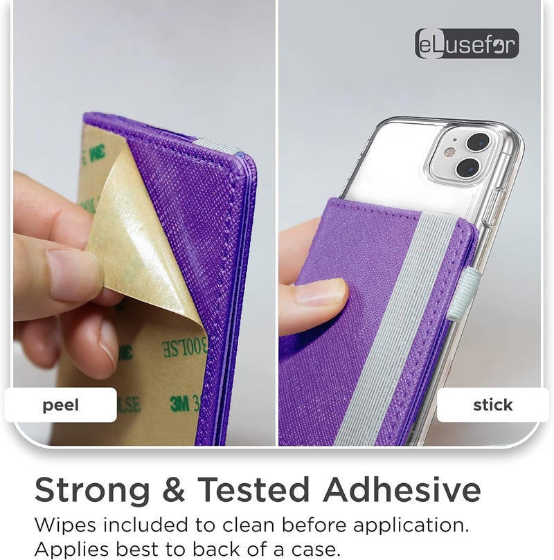 eLusefor Stick-On Phone Wallet for Back of iPhone or Android Case | 6 Sleeve Credit Card Holder - Pocket for Cards, Money & ID - Built-in Stand - Waterproof Material - Travel, Work & Life-Proof (Purple) - Image 3