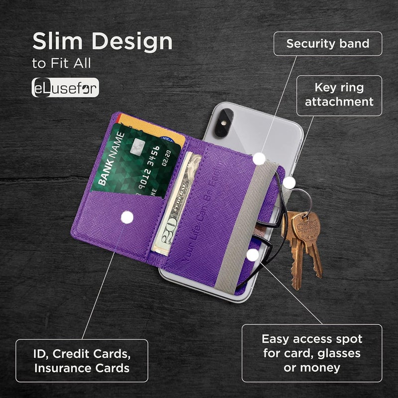 eLusefor Stick-On Phone Wallet for Back of iPhone or Android Case | 6 Sleeve Credit Card Holder - Pocket for Cards, Money & ID - Built-in Stand - Waterproof Material - Travel, Work & Life-Proof (Purple) - Image 2