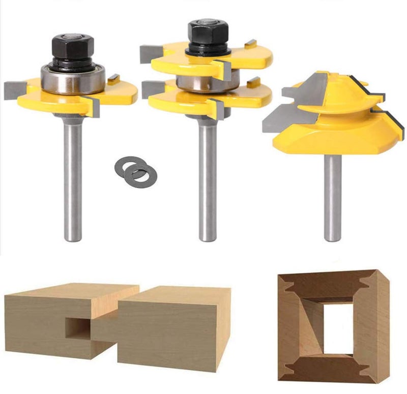 Lock Miter 45 Degree Joint Router Bits 2Pcs Tongue and Groove Set 14Inch Shank APLUS 45 Lock Mitre Glue Joint Router Bit Router Bit Set 3 Teeth T Shape Wood Milling Cutter Woodworking Tool