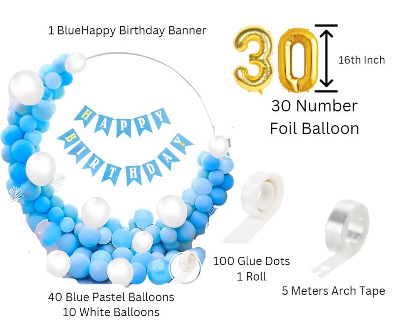 Flyloons 30th Blue White Happy Birthday Decoration for Girls Kids Boys with Blue Happy Birthday banner, White,Blue Pastel Balloons, Glue dots,Arch Tape for Balloons birthday decoration items for room… - Image 2