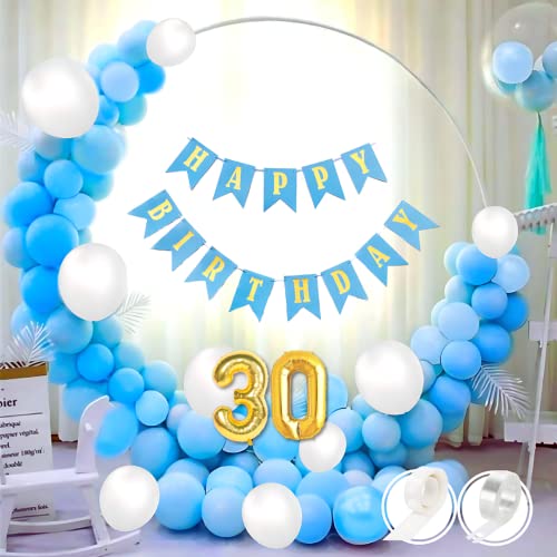 Flyloons 30th Blue White Happy Birthday Decoration for Girls Kids Boys with Blue Happy Birthday banner, White,Blue Pastel Balloons, Glue dots,Arch Tape for Balloons birthday decoration items for room… - Image 1