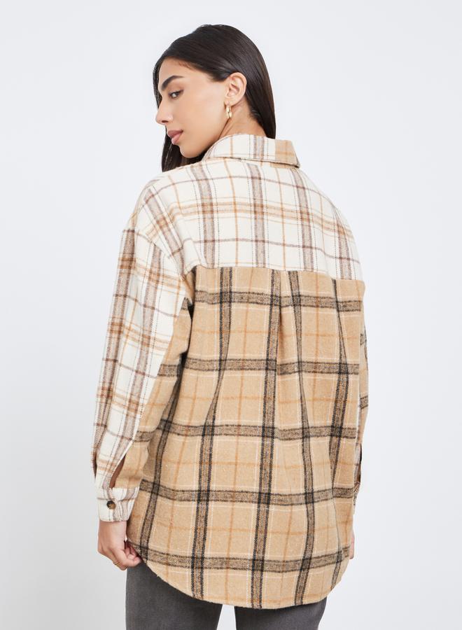 Styli Tan Checked Longline Oversized Shirt - Image 5