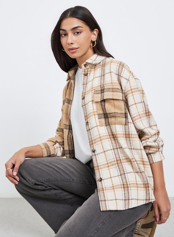 Styli Tan Checked Longline Oversized Shirt - Image 1