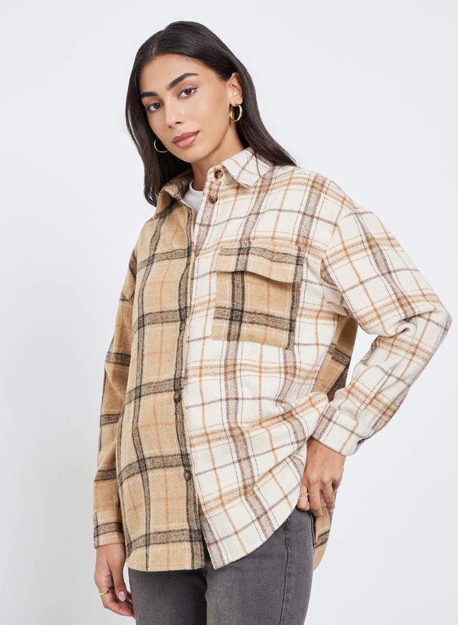 Styli Tan Checked Longline Oversized Shirt - Image 3