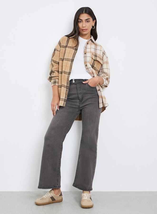 Styli Tan Checked Longline Oversized Shirt - Image 2