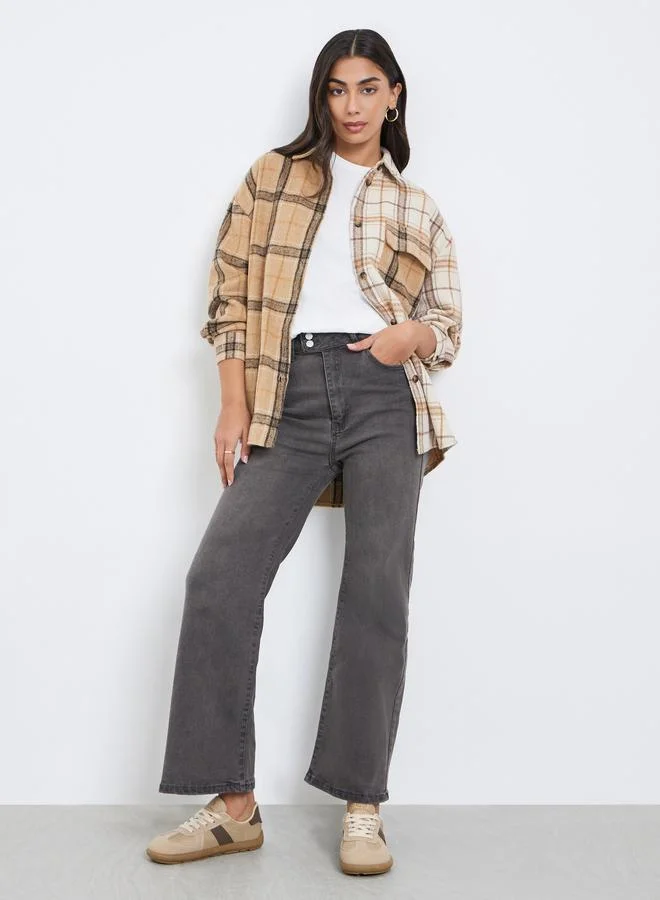 Styli Styli Tan Checked Longline Oversized Shirt
