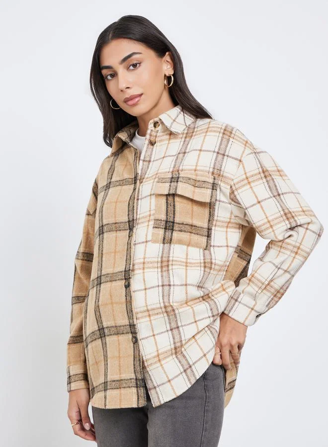 Styli Styli Tan Checked Longline Oversized Shirt