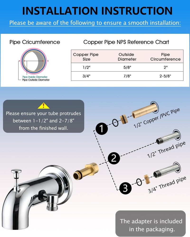 LOCALAND Bathtub Faucet with Sprayer, Tub Spout with Diverter Fits Threaded 1/2" or 3/4" IPS,Chrome Plated - Image 4