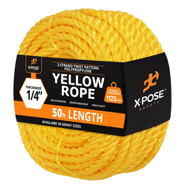 Yellow Twisted Polypropylene Rope 14 Thickness x 50 Length Heavy Duty Poly Ropes for Outdoor and Marine Use Yellow Rope for Visibility Safety