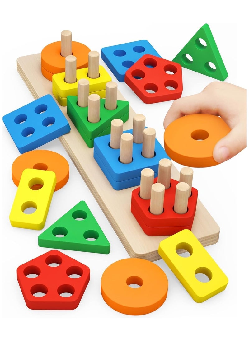 INFLUX Baby Montessori Toys For 1-3 year olds-Wooden Shape Sorter Stacking Toy for Toddlers, Educational Preschool Learning Toys, Colorful Geometric Block Puzzles, Shape Recognition, Fine Motor Skills  - Image 1