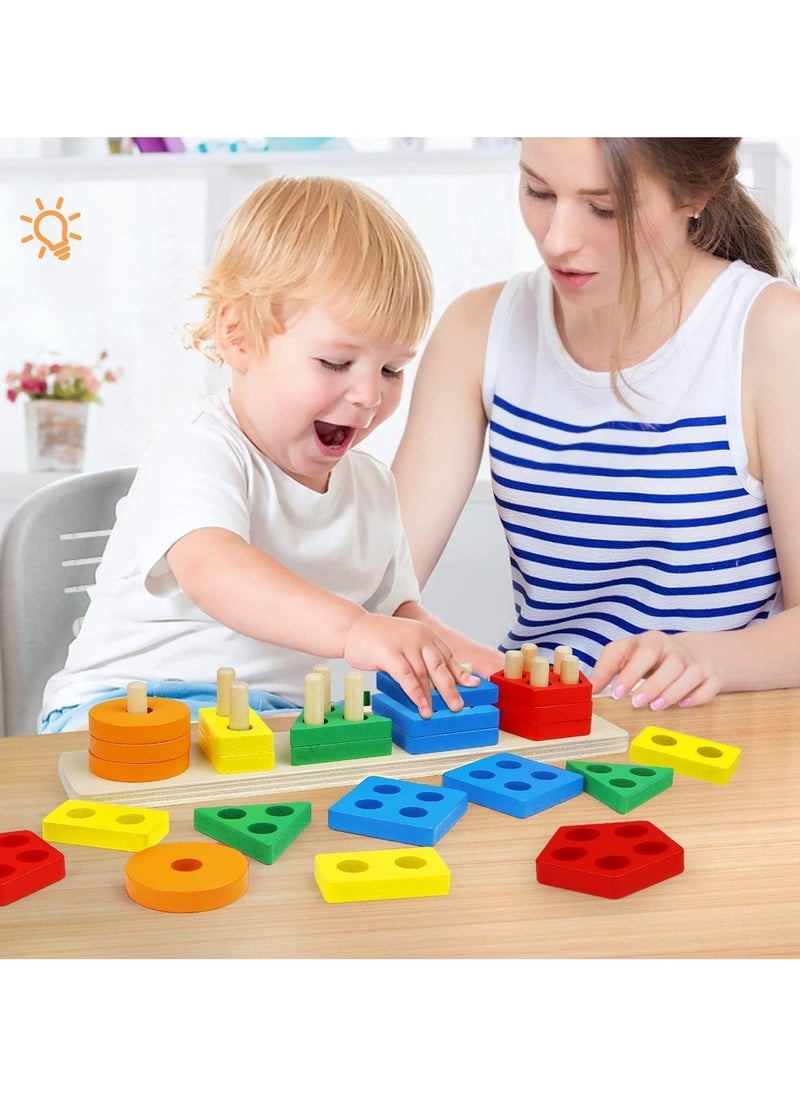 INFLUX Baby Montessori Toys For 1-3 year olds-Wooden Shape Sorter Stacking Toy for Toddlers, Educational Preschool Learning Toys, Colorful Geometric Block Puzzles, Shape Recognition, Fine Motor Skills  - Image 2