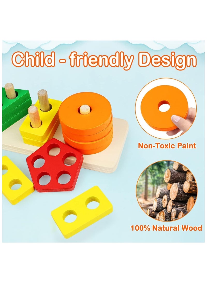 INFLUX Baby Montessori Toys For 1-3 year olds-Wooden Shape Sorter Stacking Toy for Toddlers, Educational Preschool Learning Toys, Colorful Geometric Block Puzzles, Shape Recognition, Fine Motor Skills  - Image 4