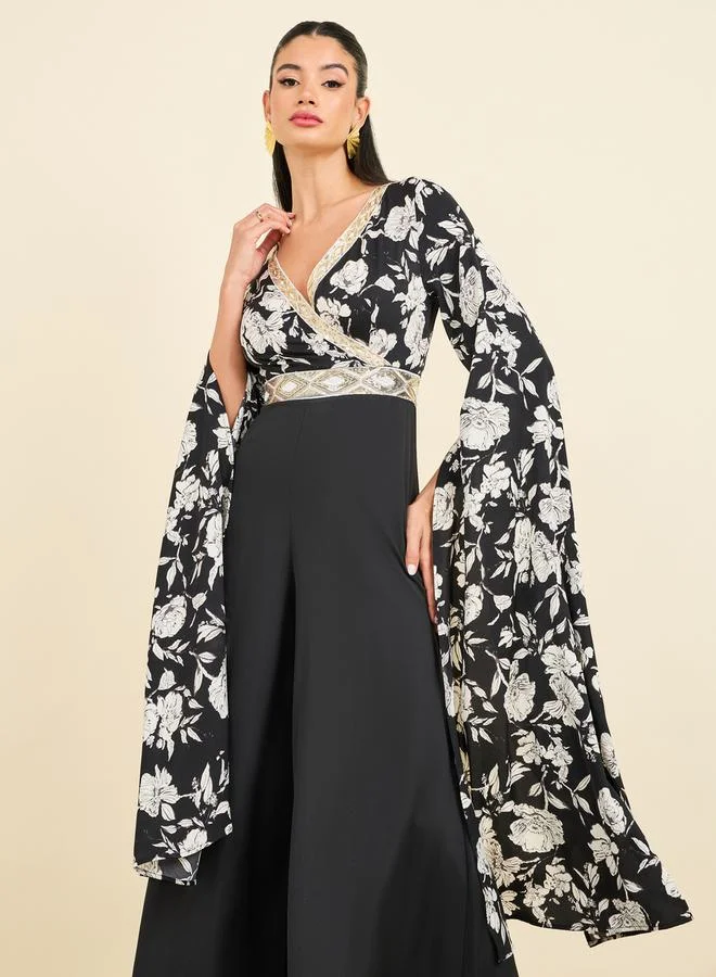 ستايلي Embellished Floral Print Wide Leg Jumpsuit