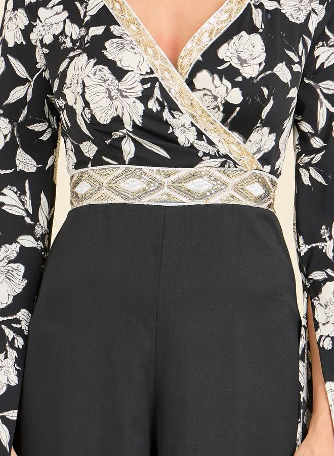 ستايلي Embellished Floral Print Wide Leg Jumpsuit