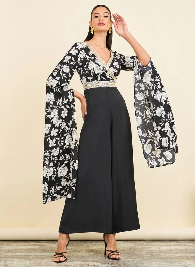 ستايلي Embellished Floral Print Wide Leg Jumpsuit