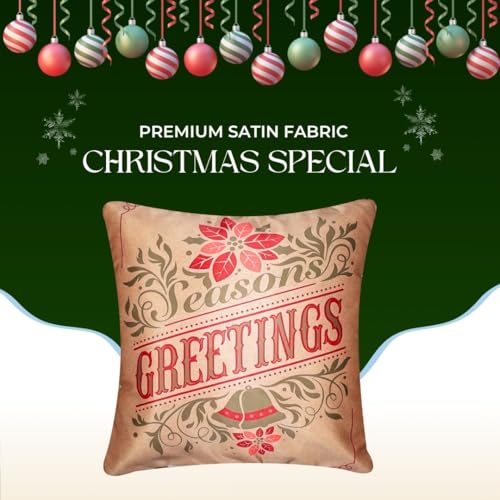 Vendola Decorative Merry Christmas Satin Cushion Cover 16 Inch x 16 Inch, Set of 5, 16" 16, Sofa Pillow Cover Set for Home, Sofa & Living Room, Greetings Print, Beige Red & White, 16X16 Inches - Image 3