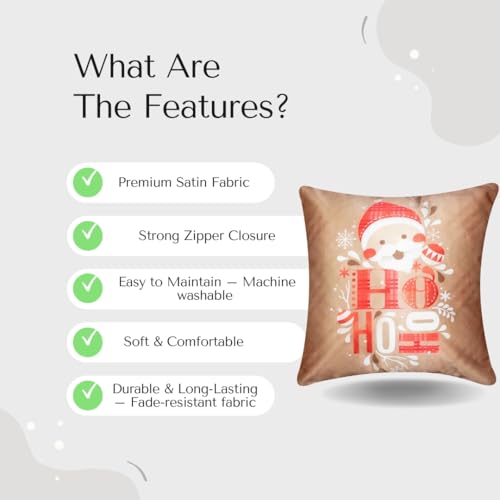 Vendola Decorative Merry Christmas Satin Cushion Cover 16 Inch x 16 Inch, Set of 5, 16" 16, Sofa Pillow Cover Set for Home, Sofa & Living Room, Greetings Print, Beige Red & White, 16X16 Inches - Image 2