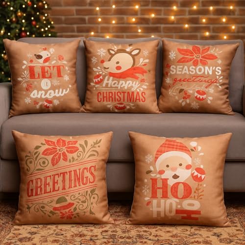 Vendola Decorative Merry Christmas Satin Cushion Cover 16 Inch x 16 Inch, Set of 5, 16" 16, Sofa Pillow Cover Set for Home, Sofa & Living Room, Greetings Print, Beige Red & White, 16X16 Inches - Image 1