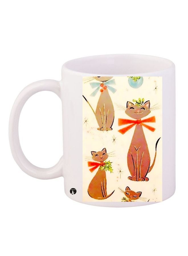 RYN Cats Printed Coffee Mug White/Beige/Green 11ounce