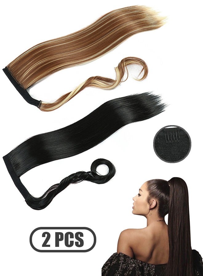 Beyond 2 Pcs Long Ponytail Extensions Hair Piece Clip, Natural Straight Ponytail with Wrap Around Magic Paste Wigs Extension (Brown+Black) - Image 1