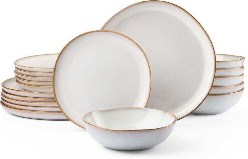 HaWare Plates and Bowls Set Stoneware Dinnerware Sets 18Piece Handpainted Dishware for 6 Scratch Resistant Ceramic Dinner Set for Home Kitchen Microwave and Dishwasher Safe Reactive Pearl White - Image 1