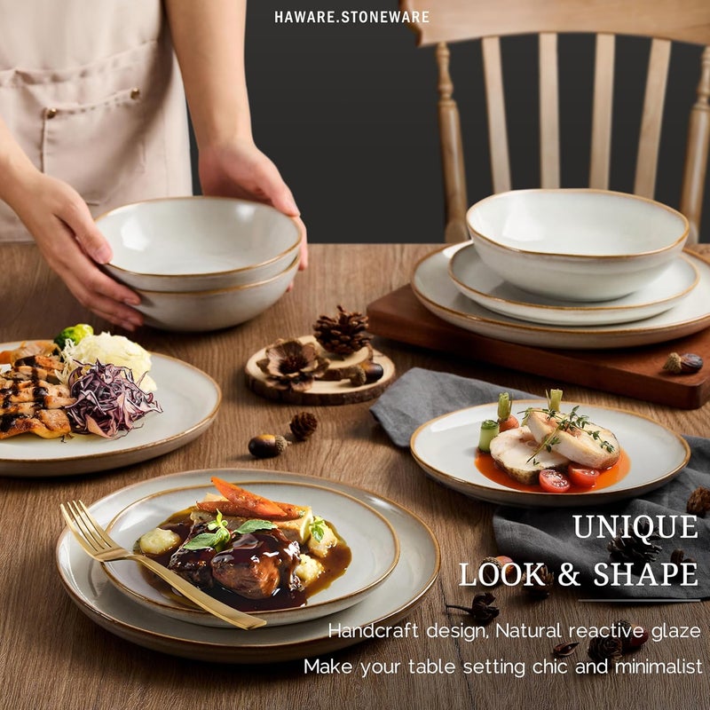 HaWare Plates and Bowls Set Stoneware Dinnerware Sets 18Piece Handpainted Dishware for 6 Scratch Resistant Ceramic Dinner Set for Home Kitchen Microwave and Dishwasher Safe Reactive Pearl White - Image 4