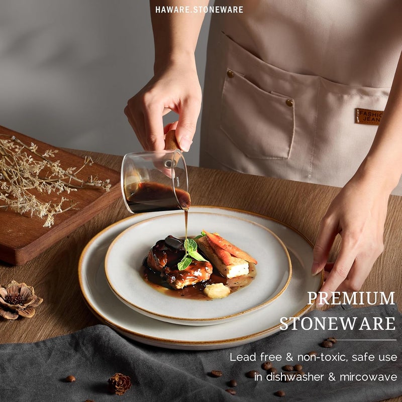 HaWare Plates and Bowls Set Stoneware Dinnerware Sets 18Piece Handpainted Dishware for 6 Scratch Resistant Ceramic Dinner Set for Home Kitchen Microwave and Dishwasher Safe Reactive Pearl White - Image 3