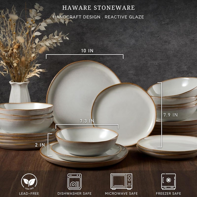 HaWare Plates and Bowls Set Stoneware Dinnerware Sets 18Piece Handpainted Dishware for 6 Scratch Resistant Ceramic Dinner Set for Home Kitchen Microwave and Dishwasher Safe Reactive Pearl White - Image 2
