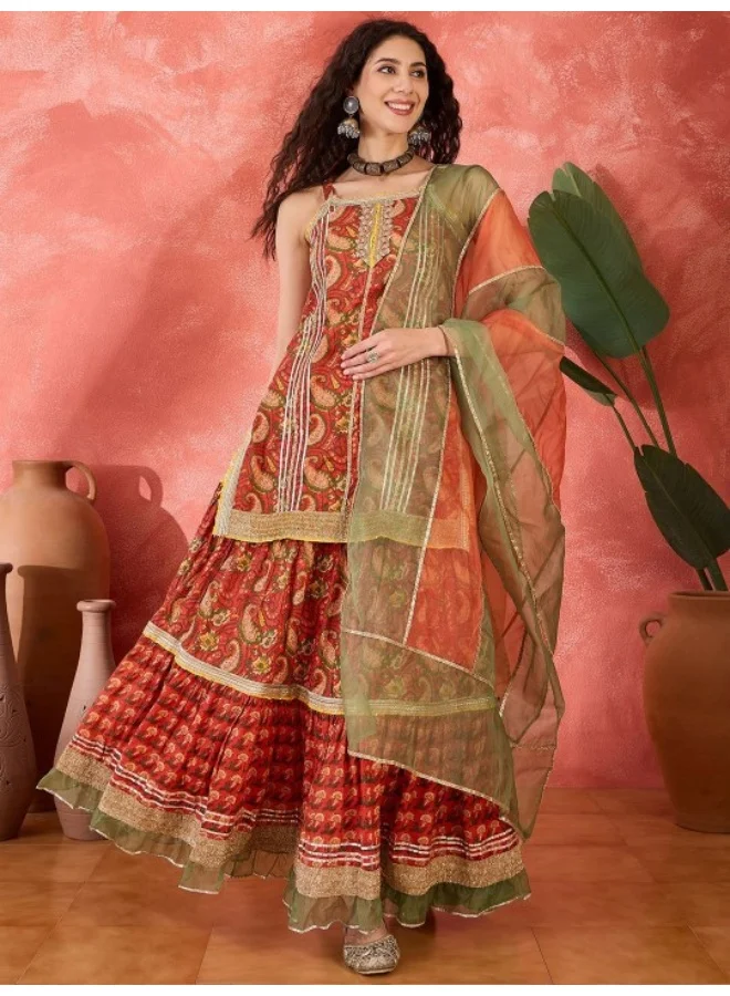 AKS Red Kurta With Tiered Skirt Kurta Set