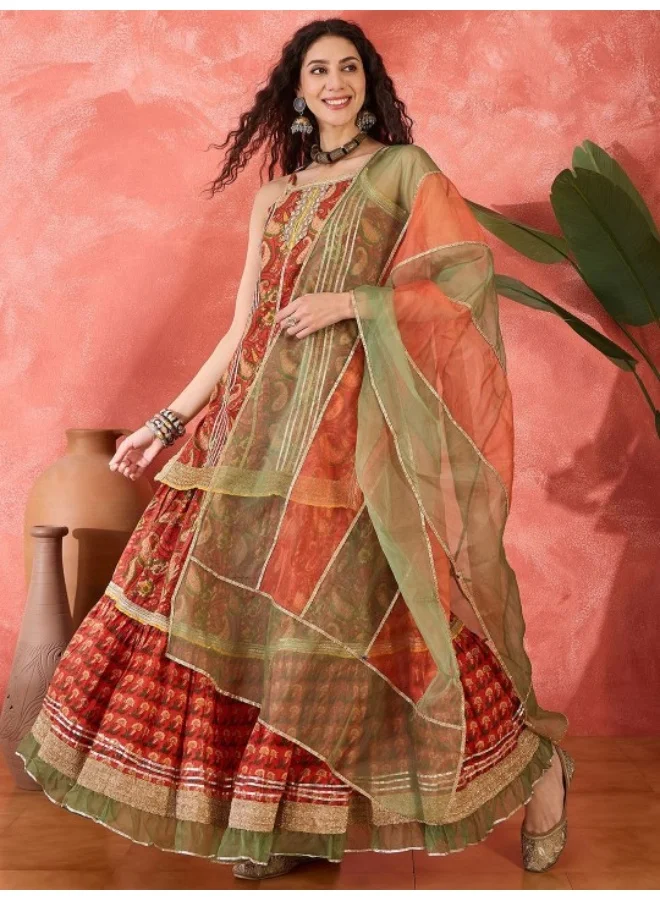 AKS Red Kurta With Tiered Skirt Kurta Set