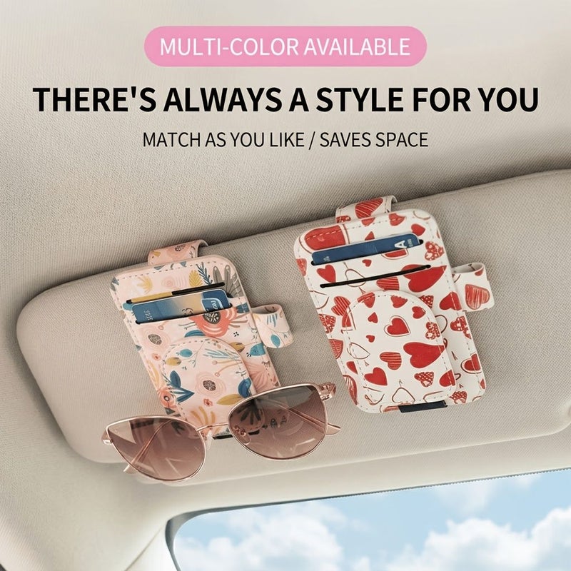 Vintage Orange Blossom Car Glasses Holder Magnetic Sun Visor Eyeglasses Clip With Card Slot PU Leather Cute Pattern Auto Interior Accessories For Women - Image 2