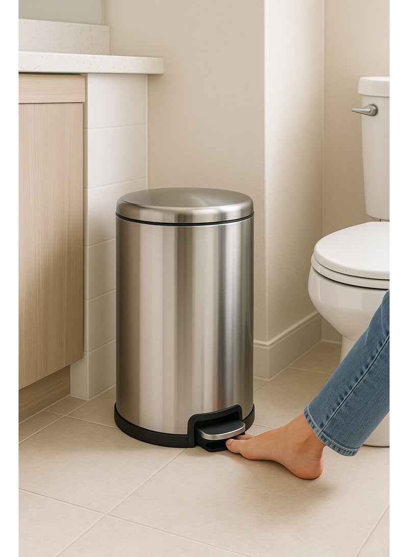 Primanova Trash Can 12 Liter Stainless Steel Pedal Bin with Soft-Close Lid and Removable Inner Bucket – Compact Bathroom Kitchen Waste Bin (Silver) - Image 3