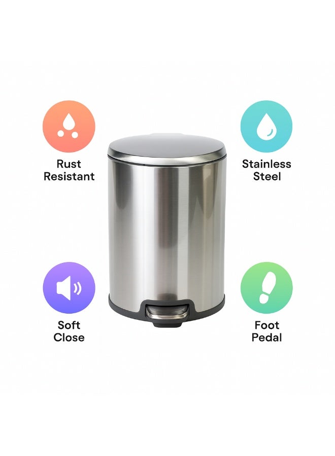 Primanova Trash Can 12 Liter Stainless Steel Pedal Bin with Soft-Close Lid and Removable Inner Bucket – Compact Bathroom Kitchen Waste Bin (Silver) - Image 5