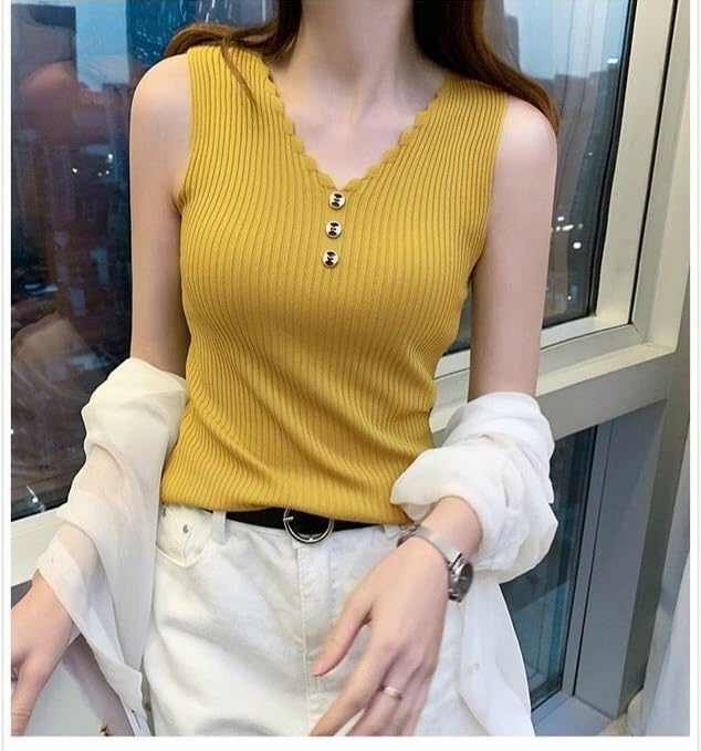 BROGBUS Women’s Korean Style V-Neck Sleeveless Summer Tank Top for Girls Regular Fit Casual Top (Free Size, Yellow) - Image 3