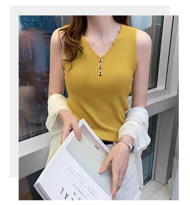 BROGBUS Women’s Korean Style V-Neck Sleeveless Summer Tank Top for Girls Regular Fit Casual Top (Free Size, Yellow) - Image 2