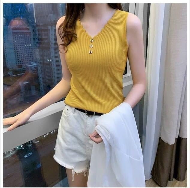 BROGBUS Women’s Korean Style V-Neck Sleeveless Summer Tank Top for Girls Regular Fit Casual Top (Free Size, Yellow) - Image 4