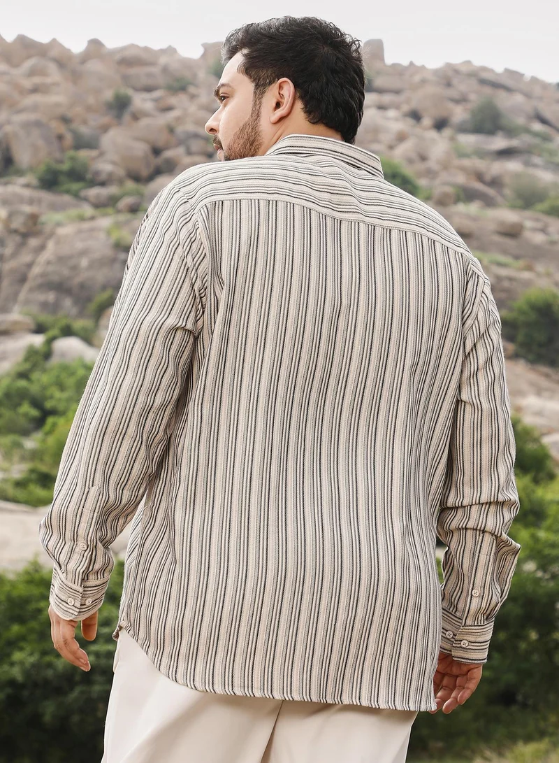 Instafab Plus  Instafab Men's Midnight Black & Off-White Bohomian-Stripe Jacquard Shirt | Spread Collar , Long Cuffed Sleeves , Button Closure | Stripes Jacquard | Cotton-Blend Shirt For Casual Wear for Men | Best Price UAE